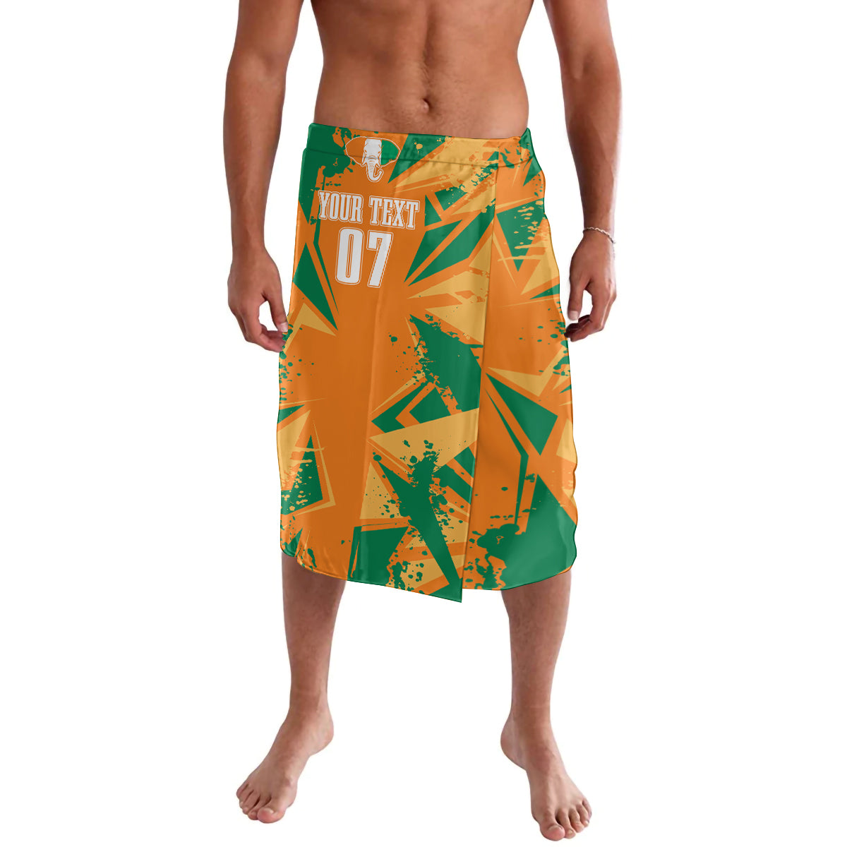 Orange and green custom football lavalava with abstract print, elastic waistband, front text
