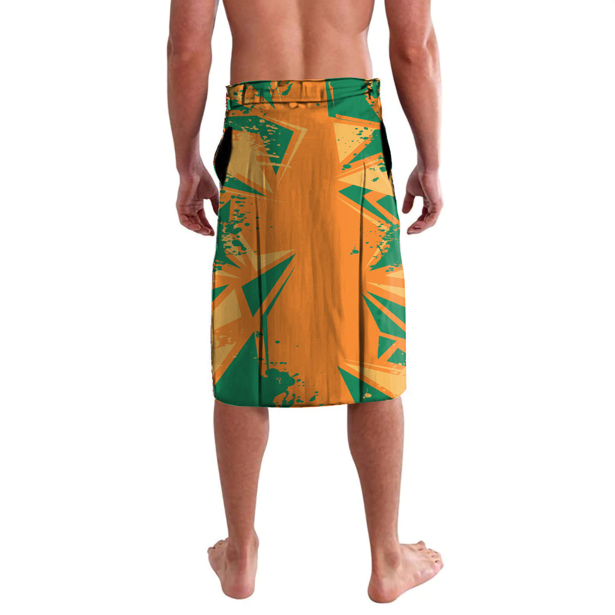 Orange and green custom football lavalava with abstract pattern, elastic waistband