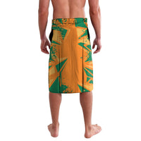 Orange and green custom football lavalava with abstract pattern, elastic waistband