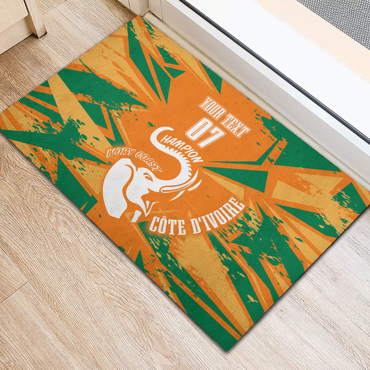 Ivory Coast football rubber doormat, orange and green with Les Elephants graphic