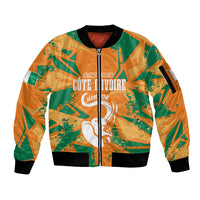 Unisex full-zip bomber jacket in orange and green with graphic front and black rib trim
