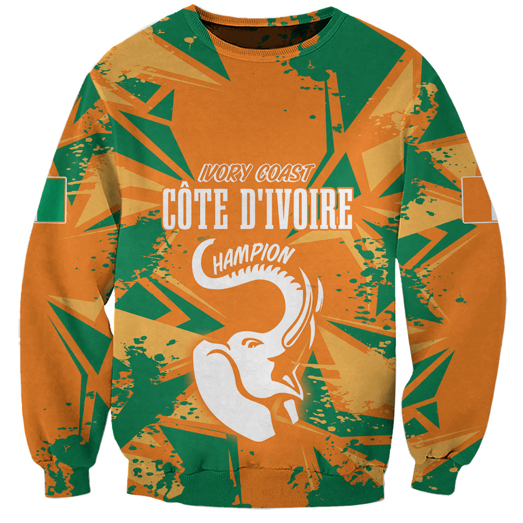 Orange and green custom sweatshirt with elephant graphic and Ivory Coast text
