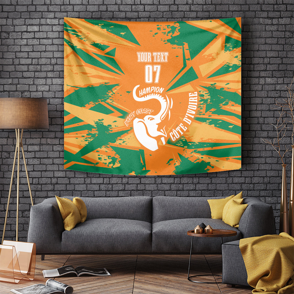 Custom football tapestry with orange and green rays pattern, white elephant and champion text
