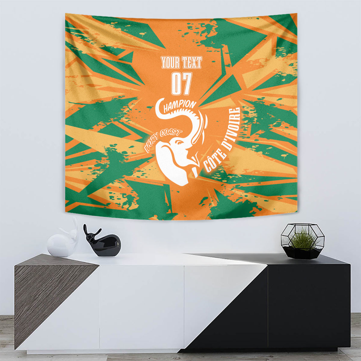 Custom football tapestry wall hanging with orange and green splash pattern and white elephant