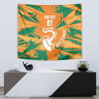 Custom football tapestry wall hanging with orange and green splash pattern and white elephant