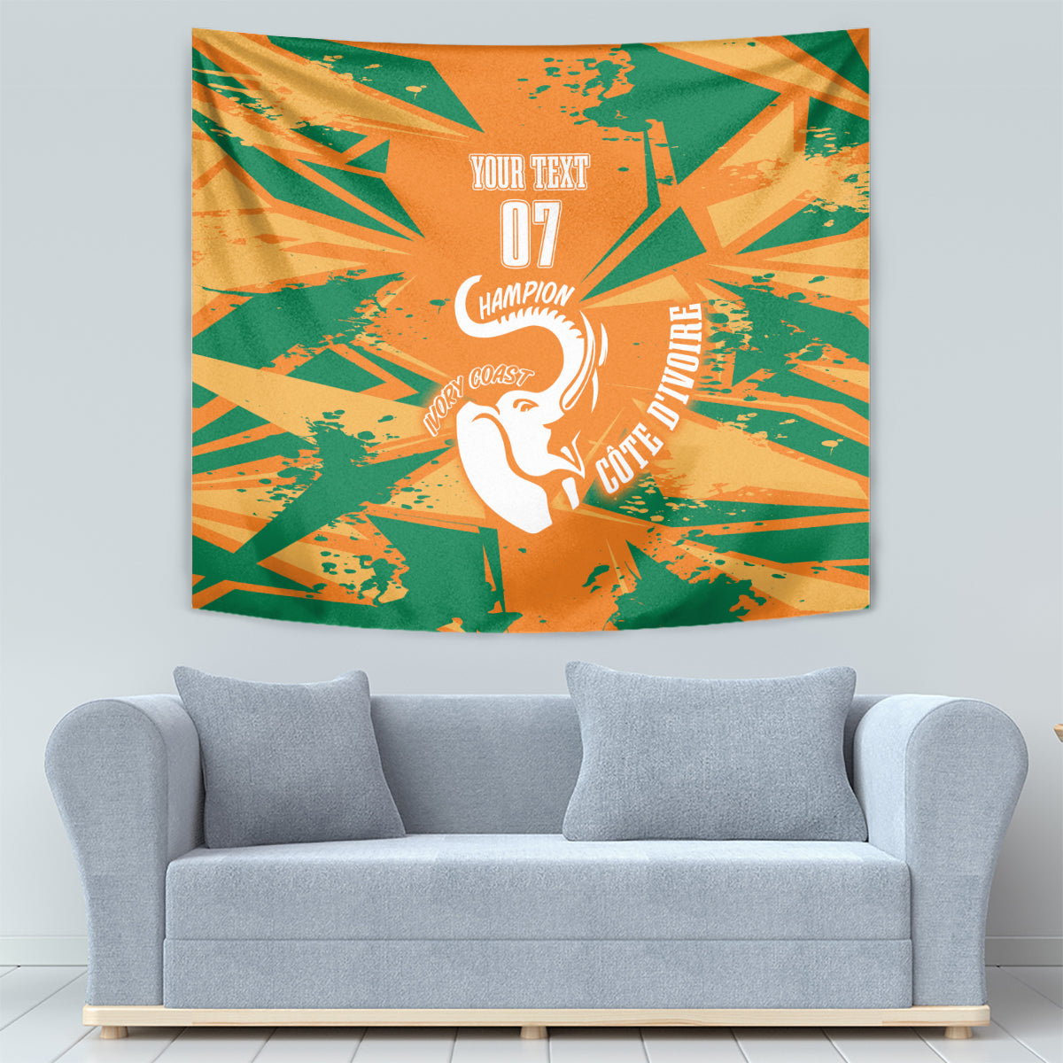 Custom football tapestry with orange and green geometric print and white elephant artwork