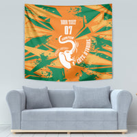 Custom football tapestry with orange and green geometric print and white elephant artwork