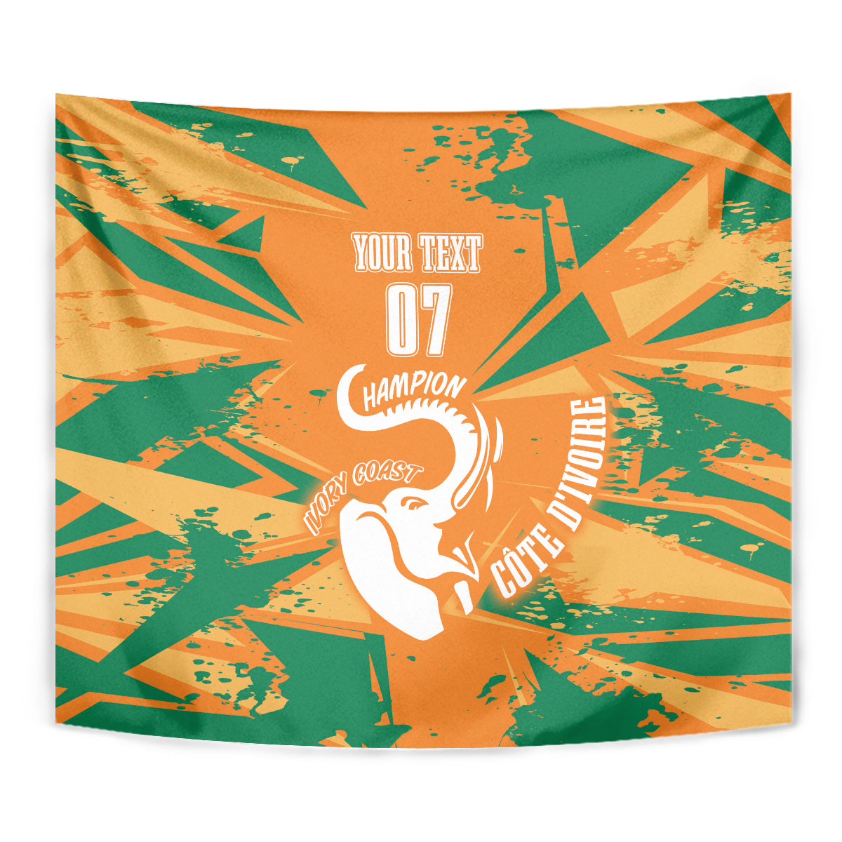 Custom football tapestry with orange and green geometric pattern and white elephant graphic