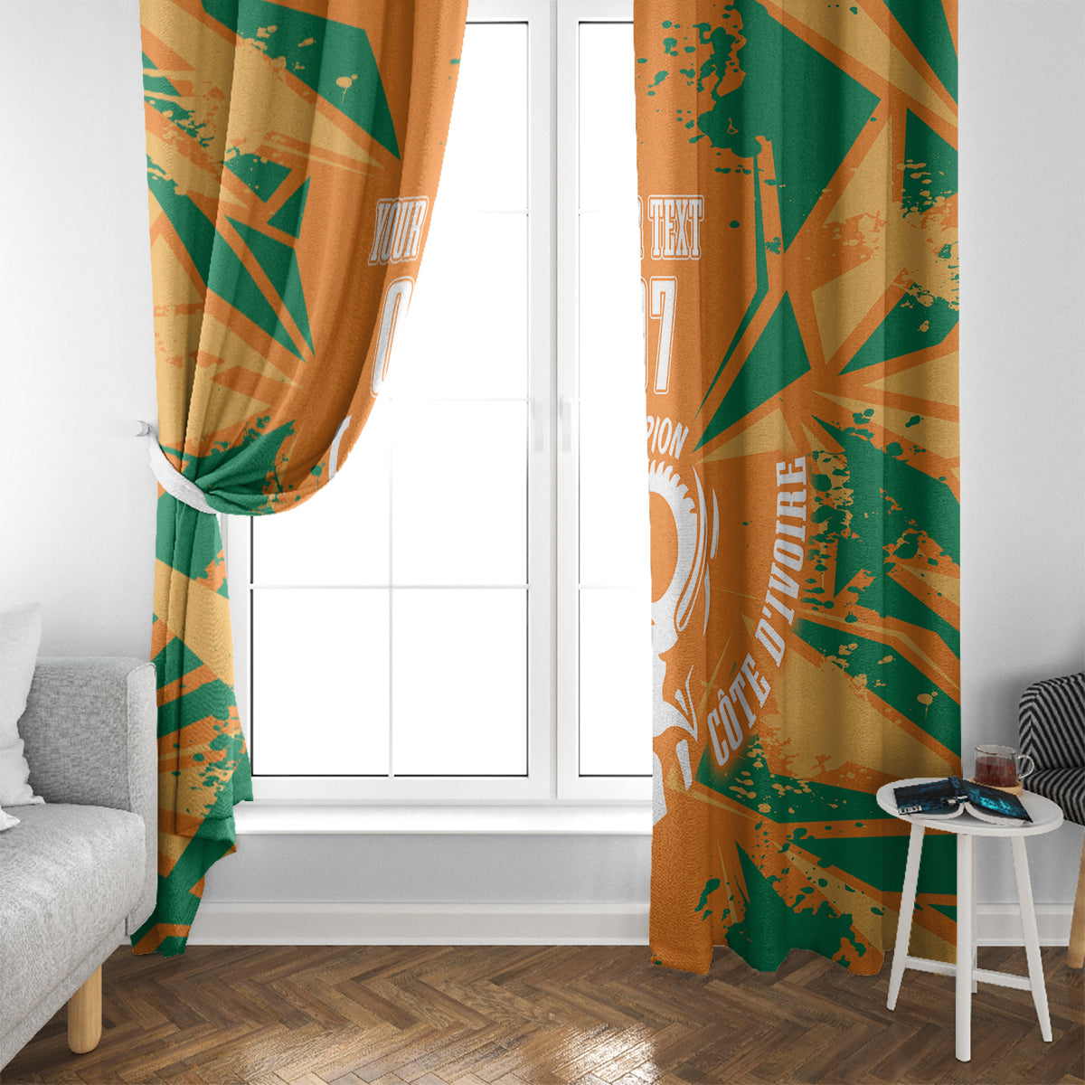 Football custom window curtain panels in orange and green with elephant and champion text