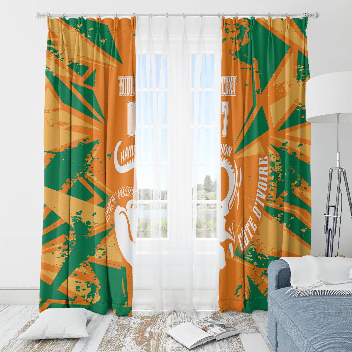 Football custom window curtain panels in orange and green with elephant silhouette and stripes
