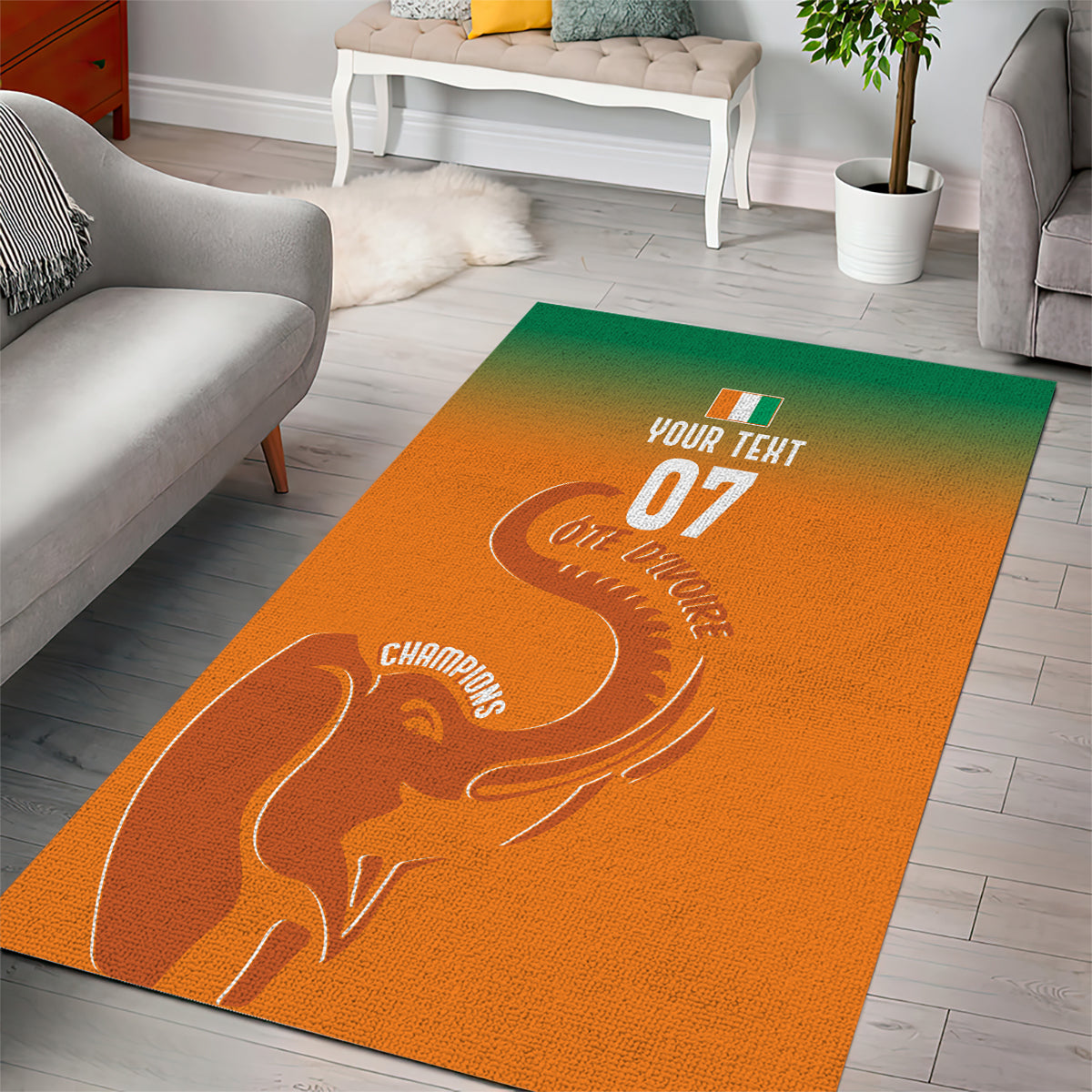 Orange rectangular area rug with large elephant graphic and sports-themed text.