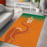 Orange rectangular area rug with large elephant graphic and sports-themed text.