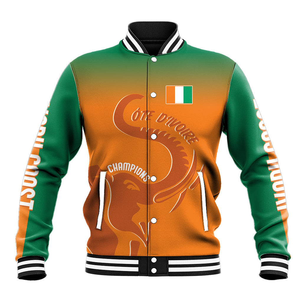 Green and orange custom baseball jacket with elephant graphic, crest, and striped rib collar