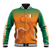 Green and orange custom baseball jacket with elephant graphic, crest, and striped rib collar