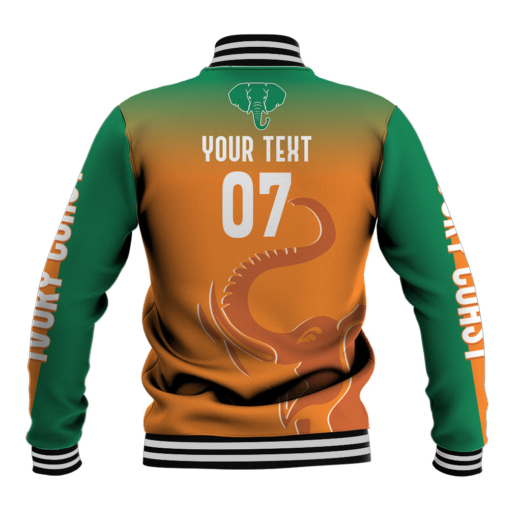 Green and orange custom baseball jacket with back text YOUR TEXT, elephant 07, striped ribs