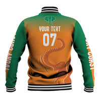 Green and orange custom baseball jacket with back text YOUR TEXT, elephant 07, striped ribs