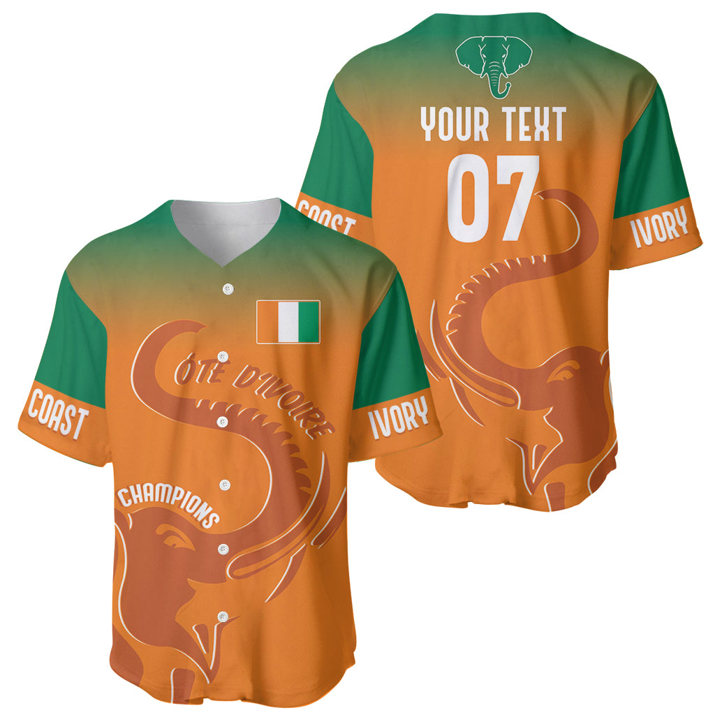 Two custom baseball jerseys, green/orange gradient, V-neck, elephant graphics, Coast and Ivory text