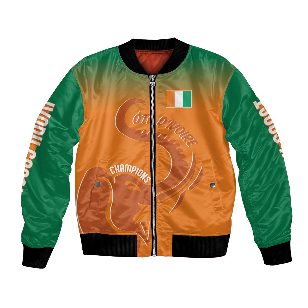 Orange and green varsity bomber jacket with black ribbed collar, zip front, flag patch