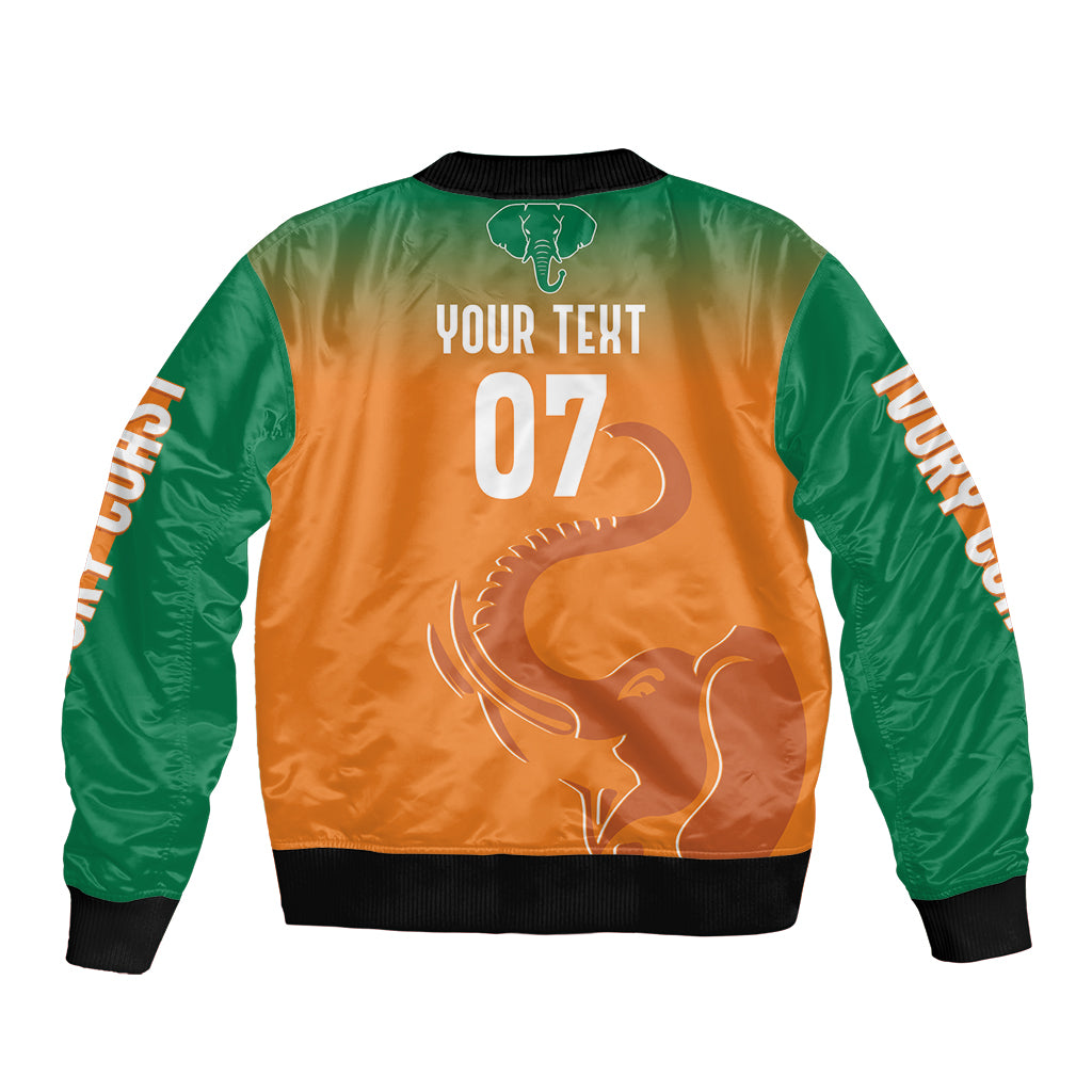 Orange and green bomber jacket back with elephant graphic, YOUR TEXT 0-7, black ribbed hem