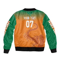Orange and green bomber jacket back with elephant graphic, YOUR TEXT 0-7, black ribbed hem
