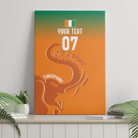 Orange canvas wall art with teal top edge, elephant silhouette, '07' and Cote d'Ivoire.