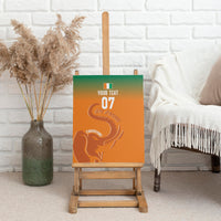 Orange canvas wall art with elephant silhouette, '07' and 'Champions' on easel.
