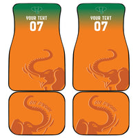 Orange car mats with green tops, white text 'YOUR TEXT 07' and elephant design