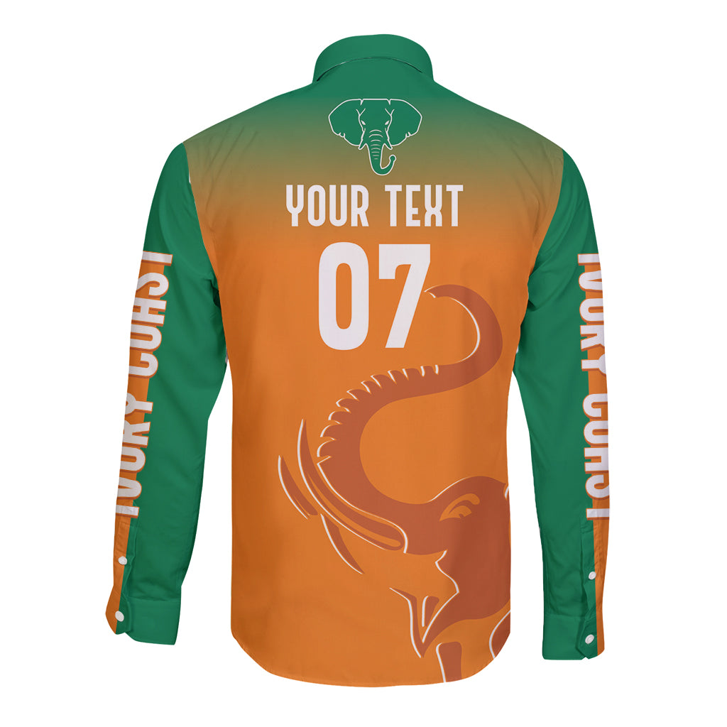 Back of orange and green long-sleeve button shirt with elephant graphic, '07', and stripes