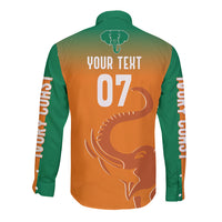 Back of orange and green long-sleeve button shirt with elephant graphic, '07', and stripes
