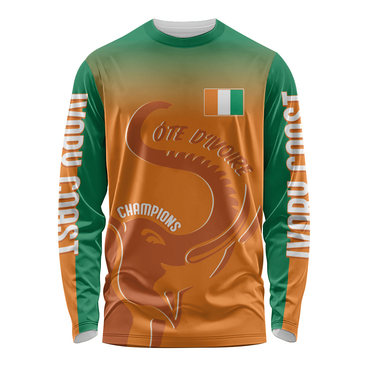 Long-sleeve football shirt with green sleeves and orange elephant front graphic, crew neck