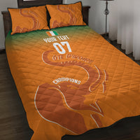 Orange quilt bed set with green gradient, elephant graphic, 'YOUR TEXT 07' on quilt