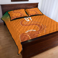 Orange quilt bed set with green gradient and elephant print, 'YOUR TEXT 07' on quilt