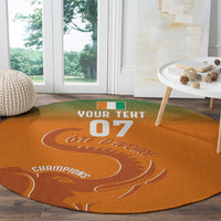 Round orange carpet with white “YOUR TEXT 07” and “CHAMPIONS” football line design