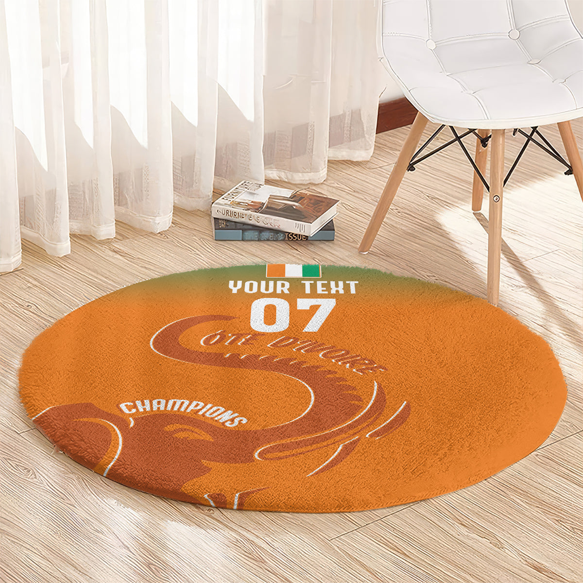 Round orange carpet with white “YOUR TEXT 07” and “CHAMPIONS” football graphic