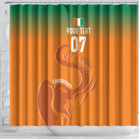 Orange and green gradient shower curtain with elephant silhouette and custom-style text