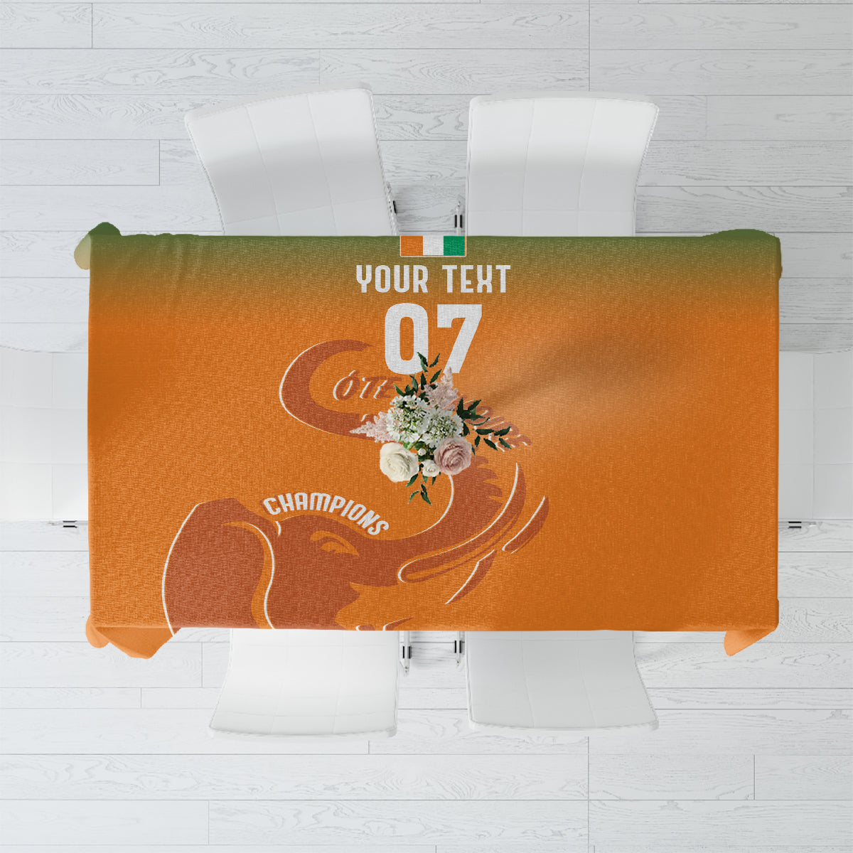 Orange custom tablecloth with football-style graphic and central emblem design