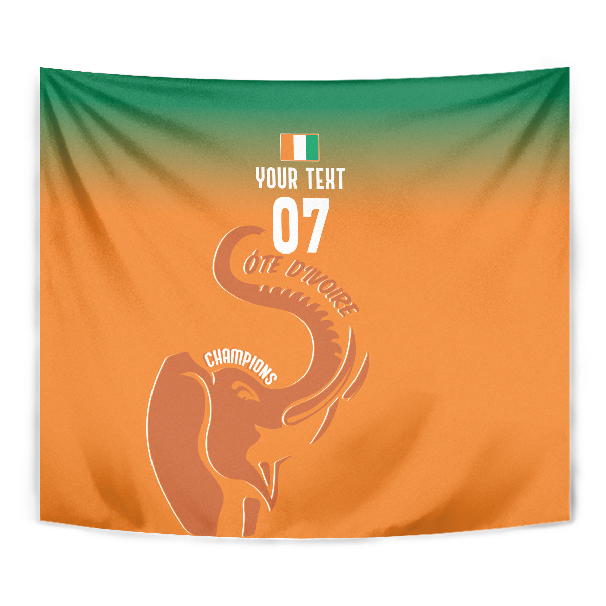 Orange rectangular wall tapestry with green top border and white elephant trophy graphic