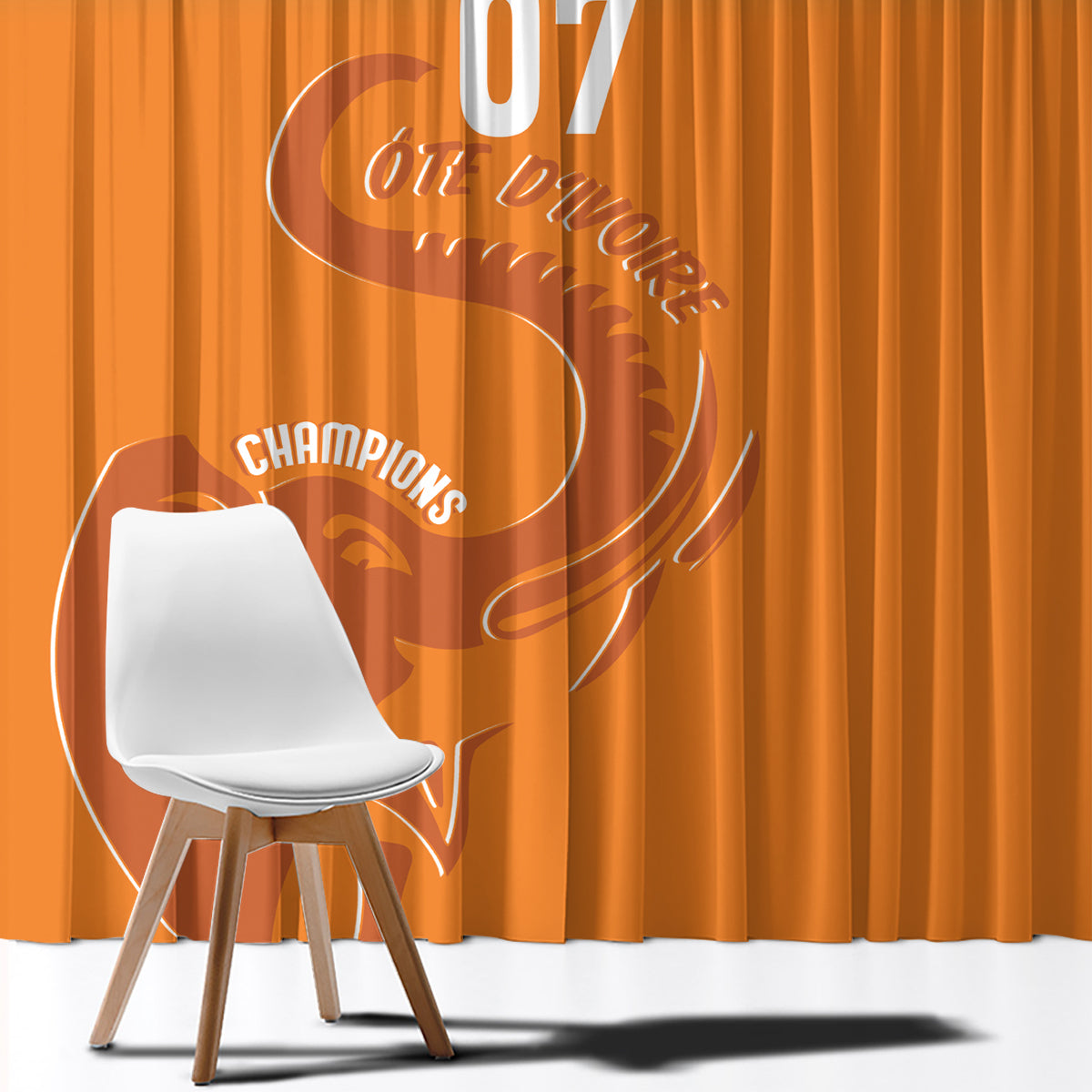Orange window curtain with green top gradient and football elephant graphic design