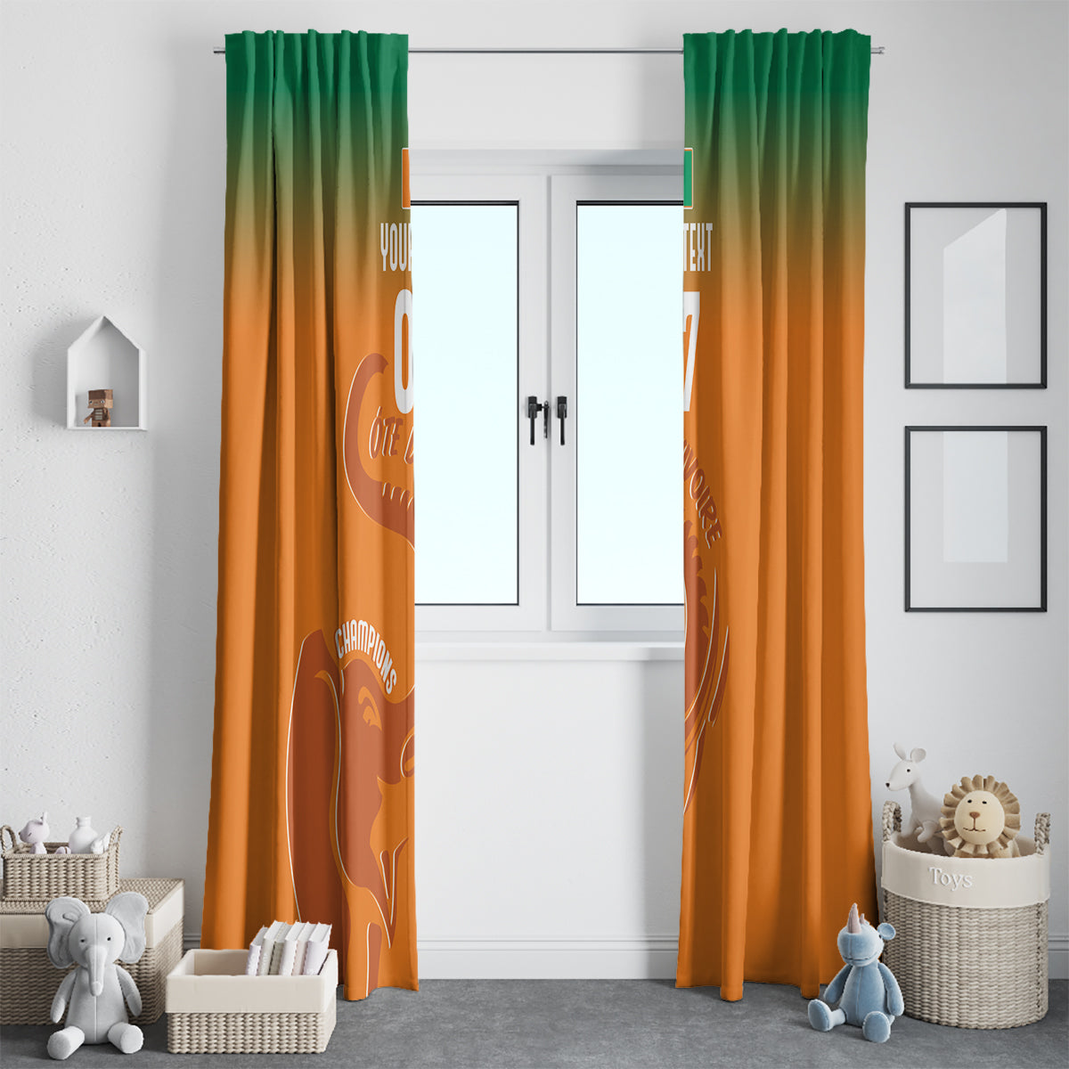 Orange window curtain pair with green top gradient and football elephant graphic