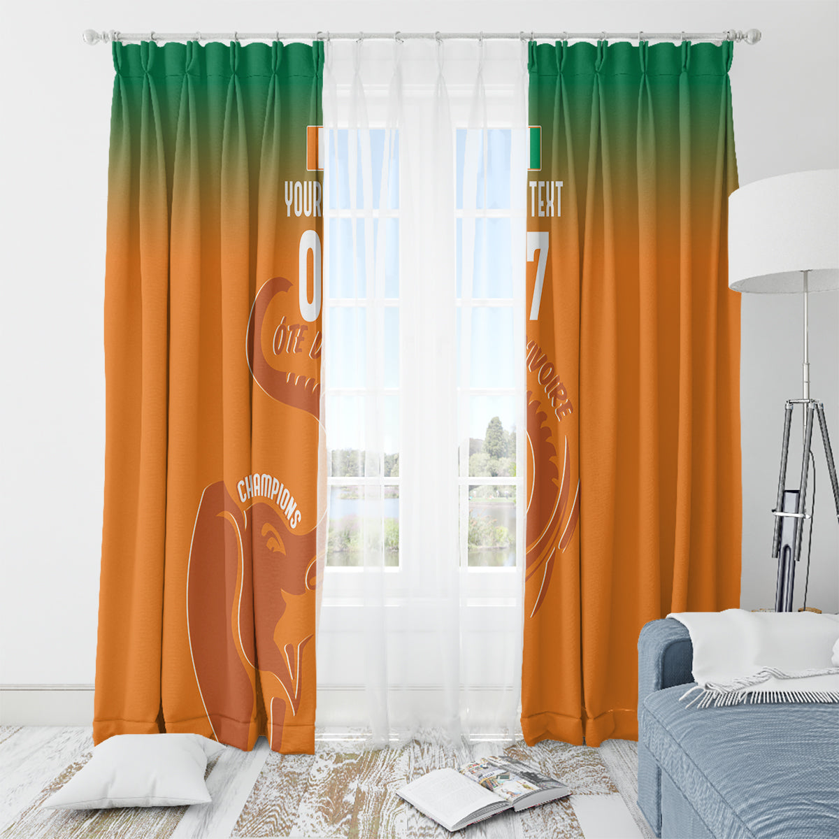 Orange window curtain with green top gradient and football elephant graphic, with grommets