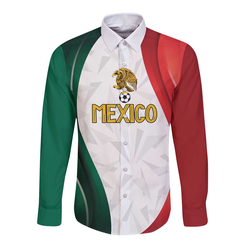 Mexico tricolor long sleeve button football shirt with gold crest and soccer emblem
