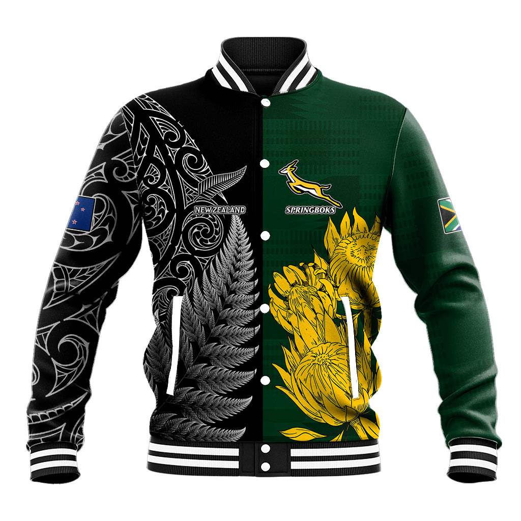 Personalised rugby baseball jacket, green and black with floral emblems and snap buttons