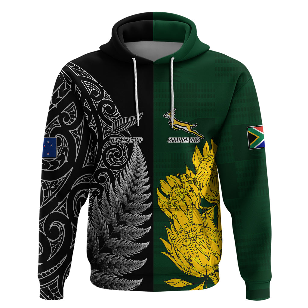 Personalised New Zealand Mix South Africa Rugby Hoodie Protea Vs. Silver Ferns - Wonder Print Shop