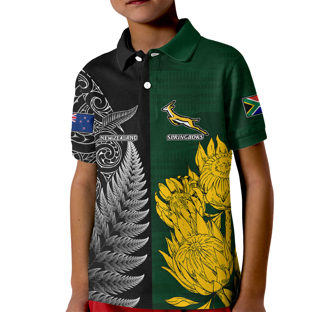 Personalised New Zealand Mix South Africa Rugby Kid Polo Shirt Protea Vs. Silver Ferns - Wonder Print Shop