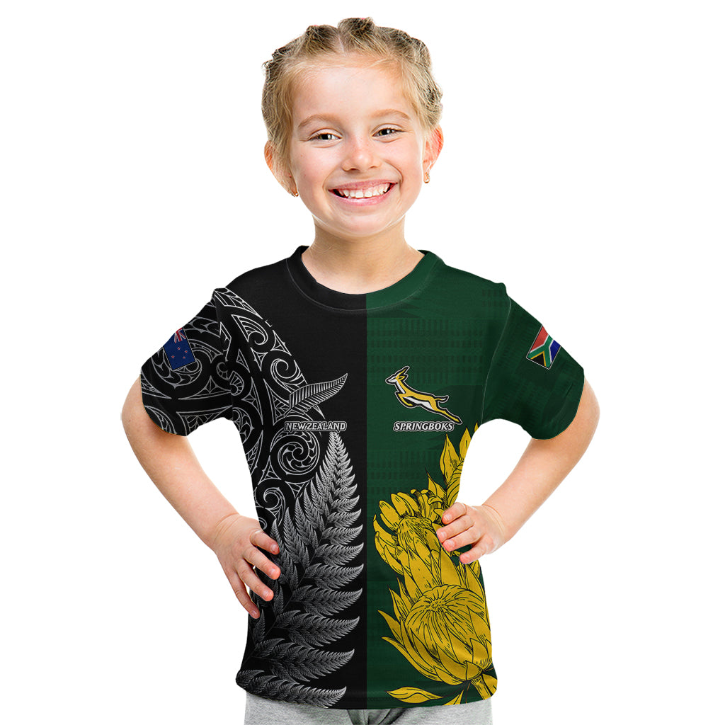 Personalised New Zealand Mix South Africa Rugby Kid T Shirt Protea Vs. Silver Ferns - Wonder Print Shop