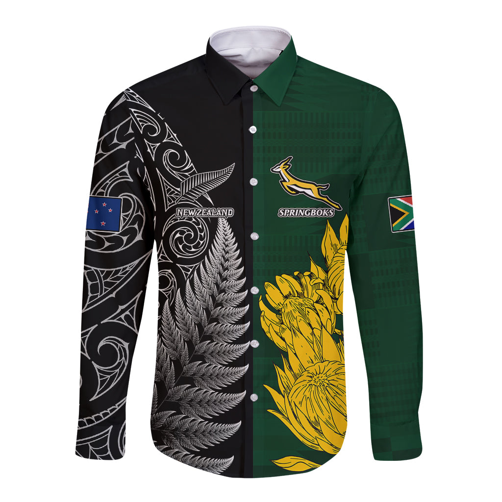 Unisex rugby button-up shirt, green and black with fern and protea-style graphics