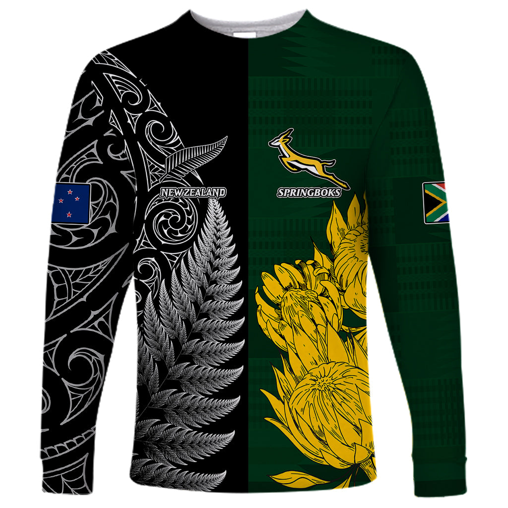 Personalized rugby long sleeve shirt, green and black panel with fern and protea graphics