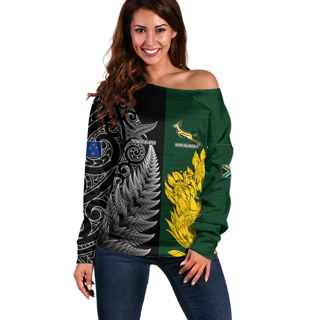 Personalised New Zealand Mix South Africa Rugby Off Shoulder Sweater Protea Vs. Silver Ferns - Wonder Print Shop