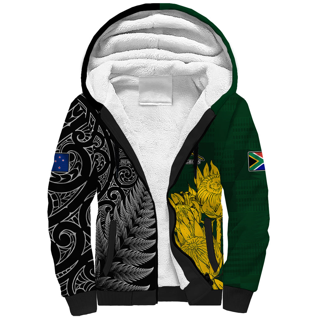 Personalised New Zealand Mix South Africa Rugby Sherpa Hoodie Protea Vs. Silver Ferns - Wonder Print Shop