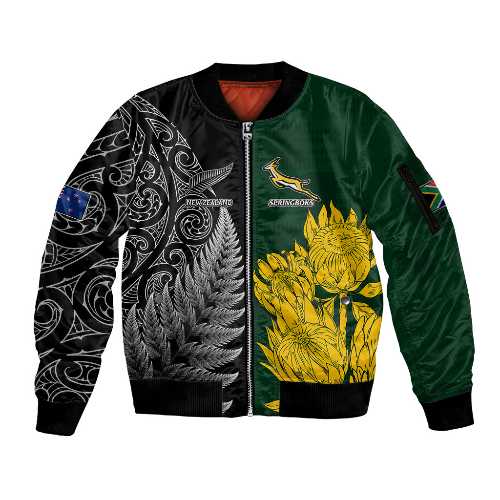 personalised-new-zealand-mix-south-africa-rugby-sleeve-zip-bomber-jacket-protea-vs-silver-ferns